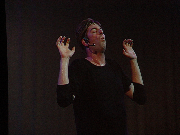 DSC02227.jpg - Masquerade halftime show. Charles Ross, One Man Star Wars Trilogy. Han Solo frozen in carbonite, about to be thawed.